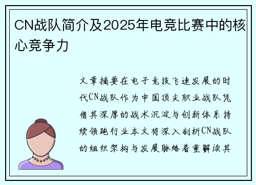 CN战队简介及2025年电竞比赛中的核心竞争力