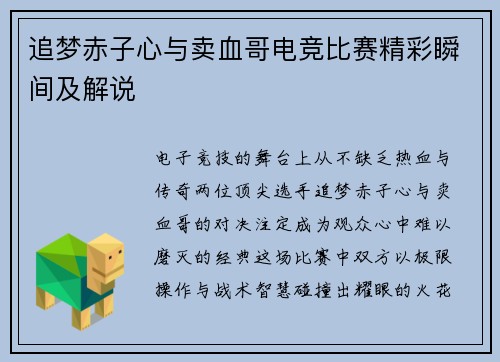 追梦赤子心与卖血哥电竞比赛精彩瞬间及解说